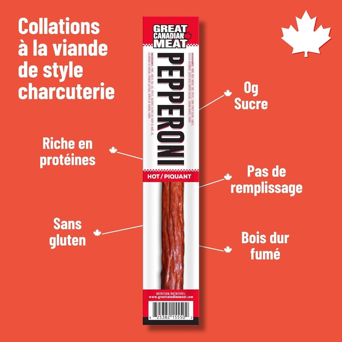 Hot Pepperoni Sticks Box, 18 x 22g Caddies by Great Canadian Meat, Meat Stick Snacks, Bulk Pepperoni Sticks Box for Carnivores. Perfect for Snacking, Gluten Free, High in Protein'