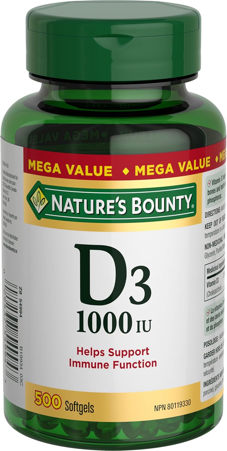 自然之宝维生素 D3,1000 IU,超值,有助于支持免疫功能,帮助发育和维护骨骼和牙齿,帮助吸收钙和磷,500 粒软胶囊,117.5 克