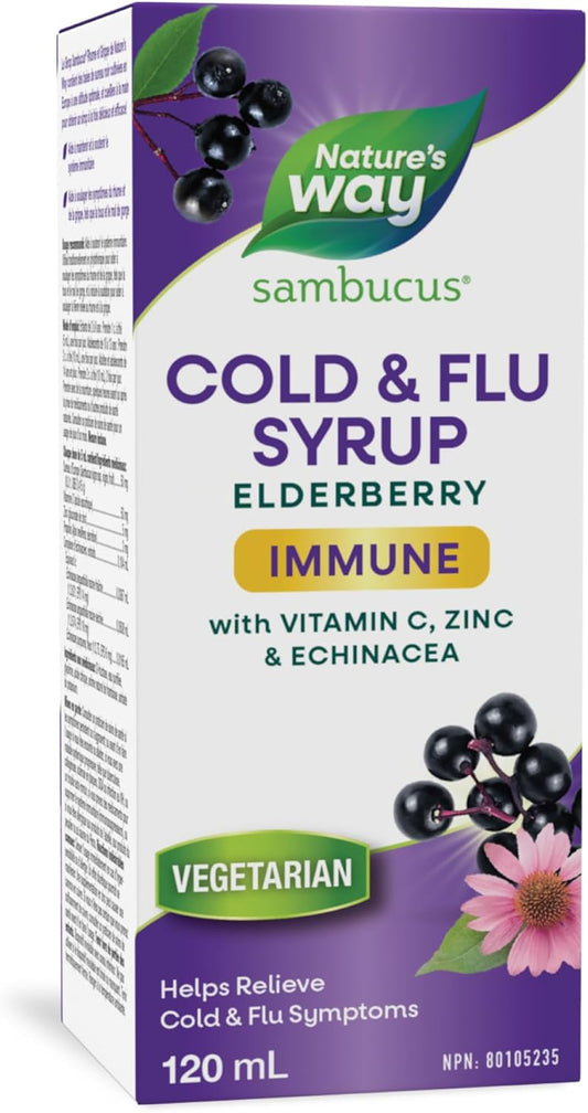 Nature's Way 接骨木感冒和流感护理免疫维生素 C 和锌 - 接骨木糖浆与紫锥菊和蜂胶 - 用于缓解 2 岁以上儿童和成人症状的草药,120 毫升
