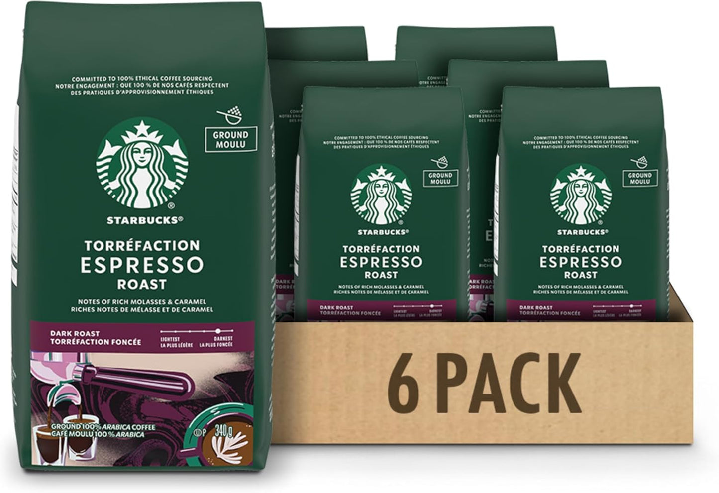 星巴克浓缩烘焙咖啡粉 340 克(6 包),浓缩深度烘焙,6 包