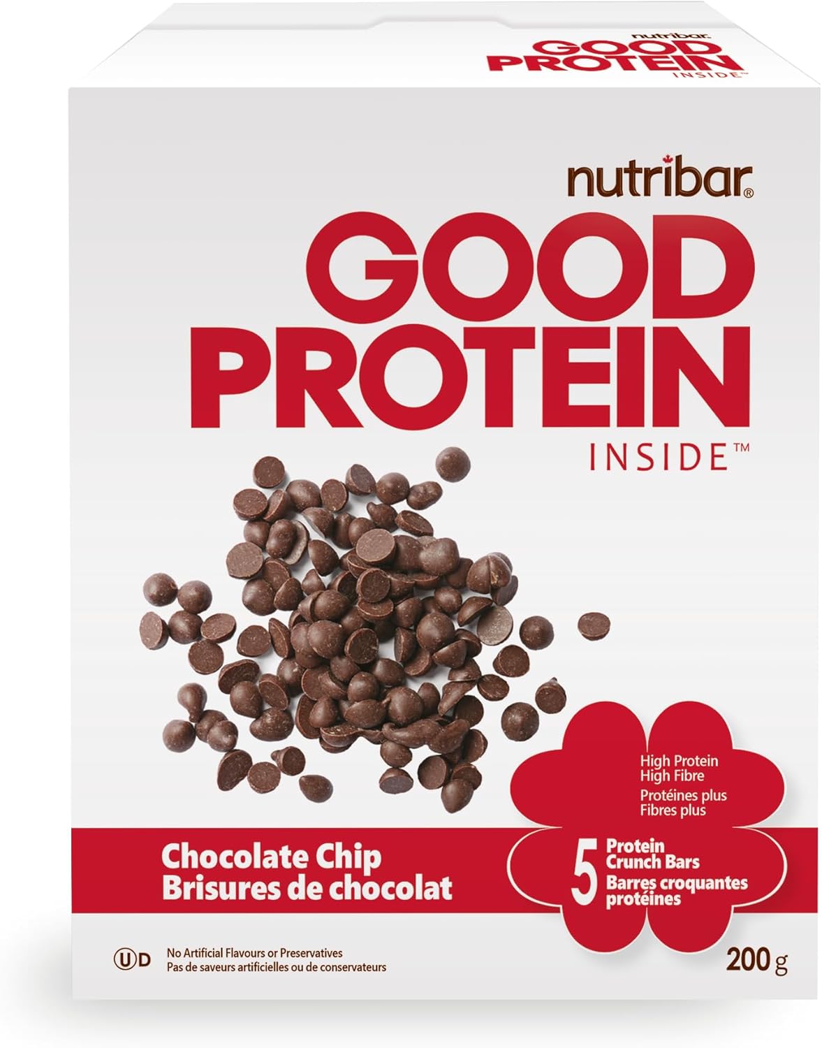 Nutribar Good Protein High Protein Bars Chocolate Chip, Made in Canada, 12g Protein, 5 Bars