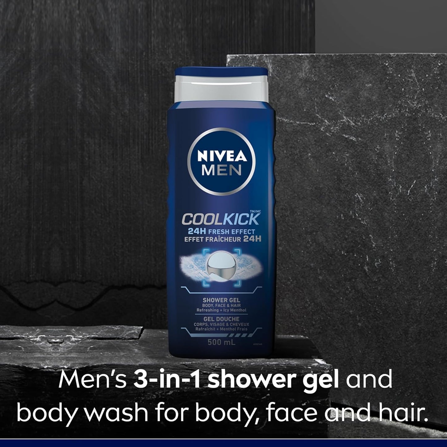 NIVEA MEN Cool Kick Body Wash | 3-in-1 Men Shower Gel (Body, Face & Hair), 3x500mL & MEN Active Lip Balm, (2 X 4.8g) | Made with Jojoba Oil & Shea Butter, 24H Hydration