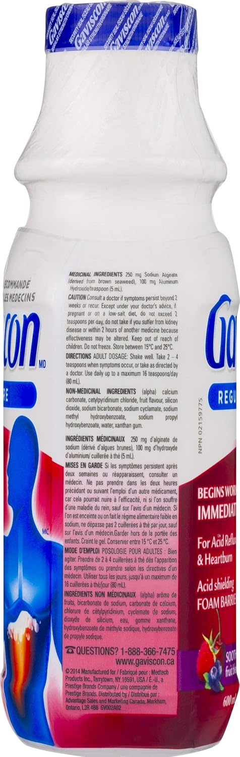 Gaviscon Liquid Regular Strength Antacid - 600 ml - Antacid Liquid for Day and Night Heartburn Relief, Acid Reflux and GERD Relief, Fruit Blend - Free of Aluminum, Lactose and Gluten