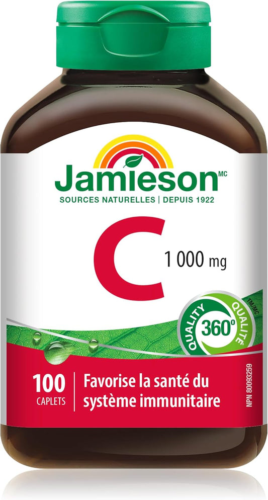 Jamieson 维生素 C 1000 毫克胶囊,抗氧化保护,支持免疫健康,强健牙齿和骨骼。素食,无麸质,100 粒胶囊,加拿大制造
