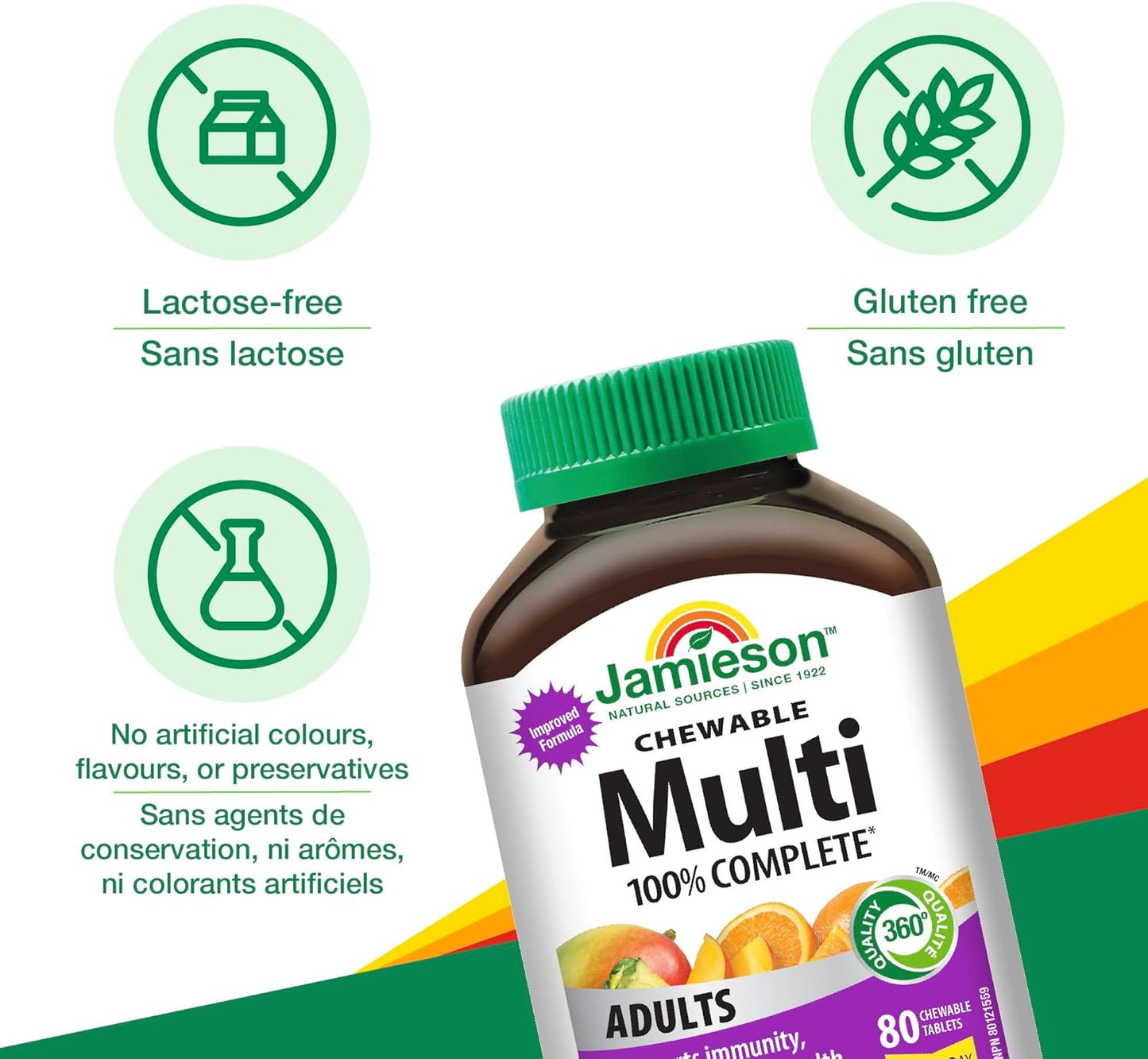 Jamieson 100% 成人复合维生素咀嚼片,柑橘风味,富含叶黄素、钙和生物素。支持免疫力、能量和整体健康,不含人工色素、香精或防腐剂,每日一片……