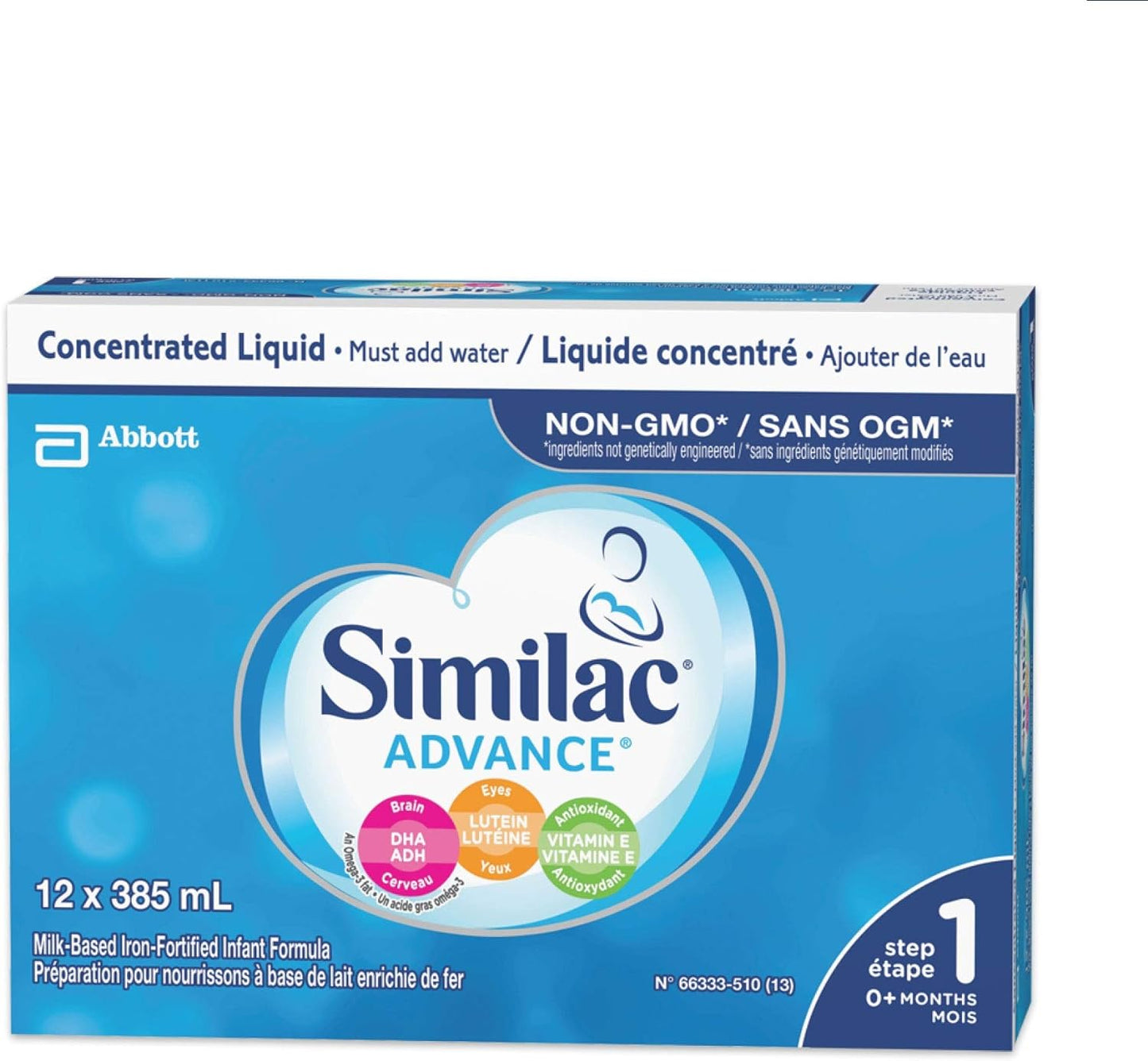Similac Advance 1 段非基因改造嬰兒配方奶粉,濃縮液,385 毫升,0+ 個月,藍色,12 支裝