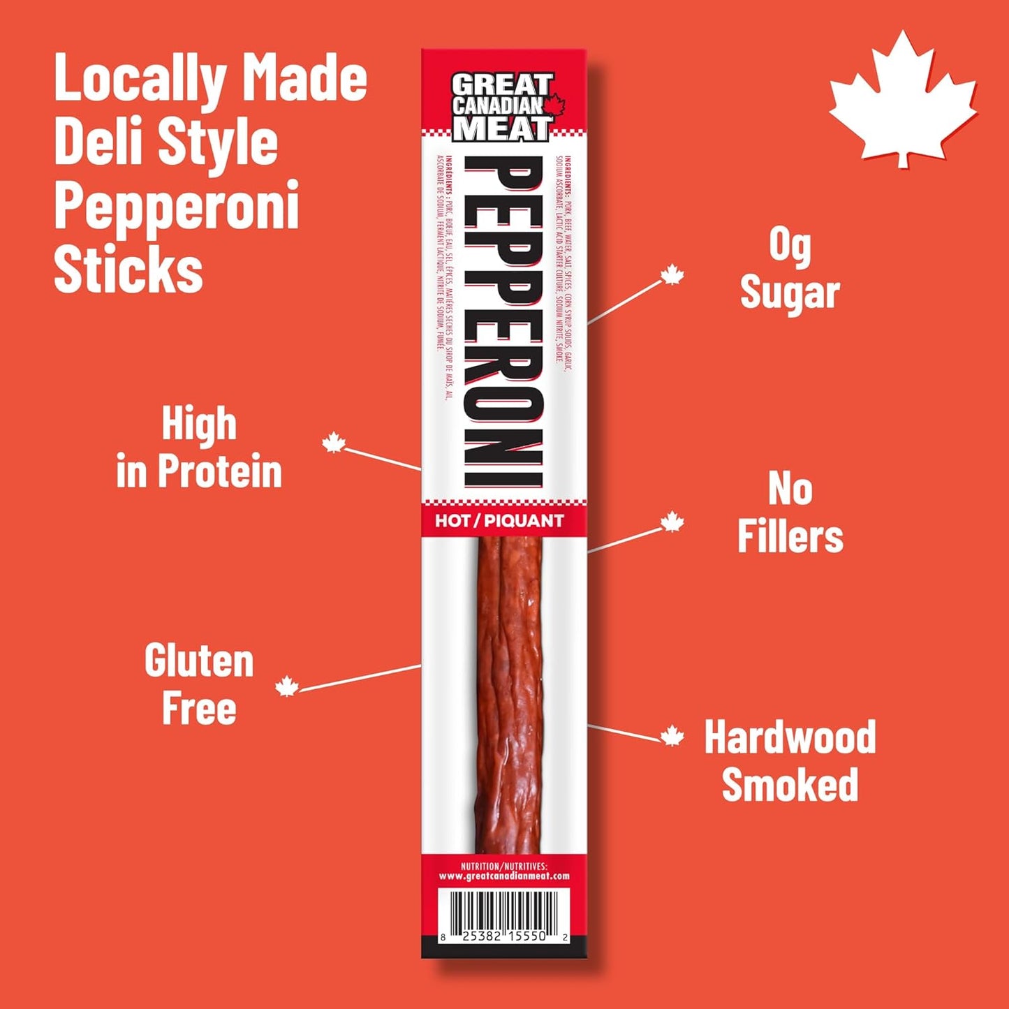 Hot Pepperoni Sticks Box, 18 x 22g Caddies by Great Canadian Meat, Meat Stick Snacks, Bulk Pepperoni Sticks Box for Carnivores. Perfect for Snacking, Gluten Free, High in Protein'