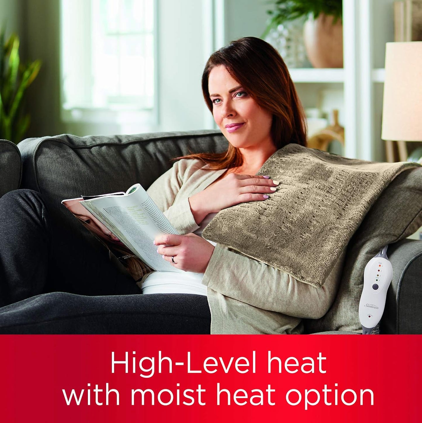 Sunbeam 高級特大號加熱墊,帶緊湊存儲 - 濕潤集成加熱墊,緩解疼痛,4 種加熱設置,2 小時自動關閉,米色
