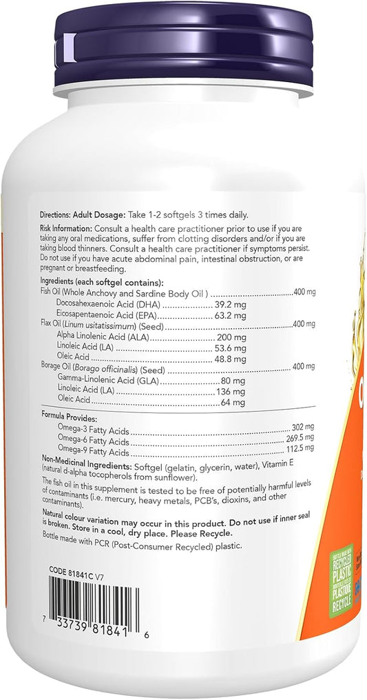 NOW Supplements, Super Omega 3-6-9 1200 mg with a blend of Fish, Borage and Flax Seed Oils, 180 Softgels