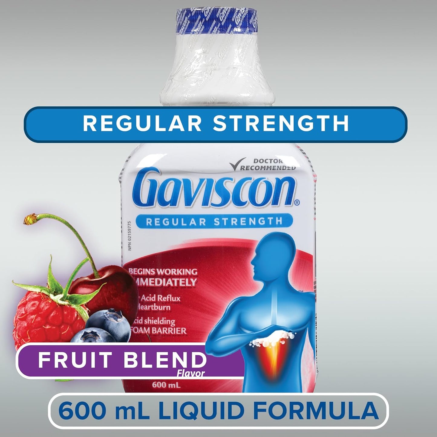 Gaviscon Liquid Regular Strength Antacid - 600 ml - Antacid Liquid for Day and Night Heartburn Relief, Acid Reflux and GERD Relief, Fruit Blend - Free of Aluminum, Lactose and Gluten