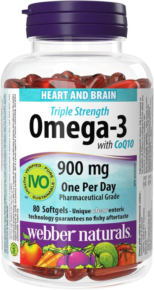 Webber Naturals Omega-3 辅酶 Q10,80 粒透明肠溶软胶囊,无鱼腥味,支持心血管健康和大脑功能
