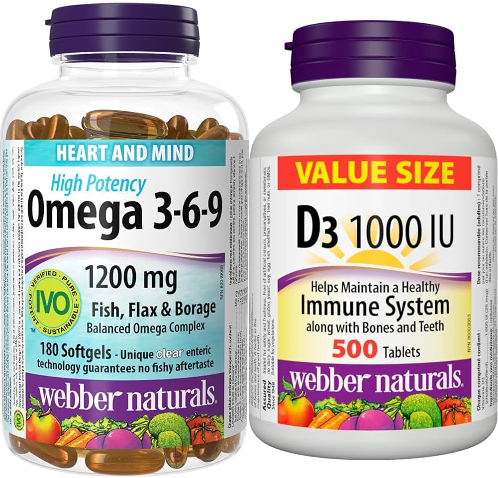 Webber Naturals Omega 3-6-9 鱼油 1,200 毫克 + 维生素 D3 1000 IU 套装
