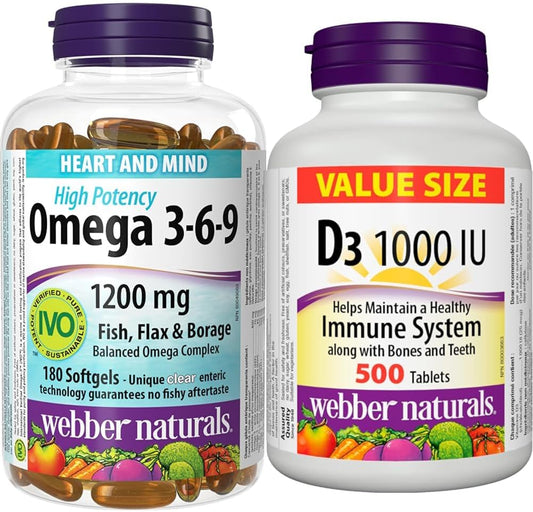 Webber Naturals Omega 3-6-9 鱼油 1,200 毫克 + 维生素 D3 1000 IU 套装