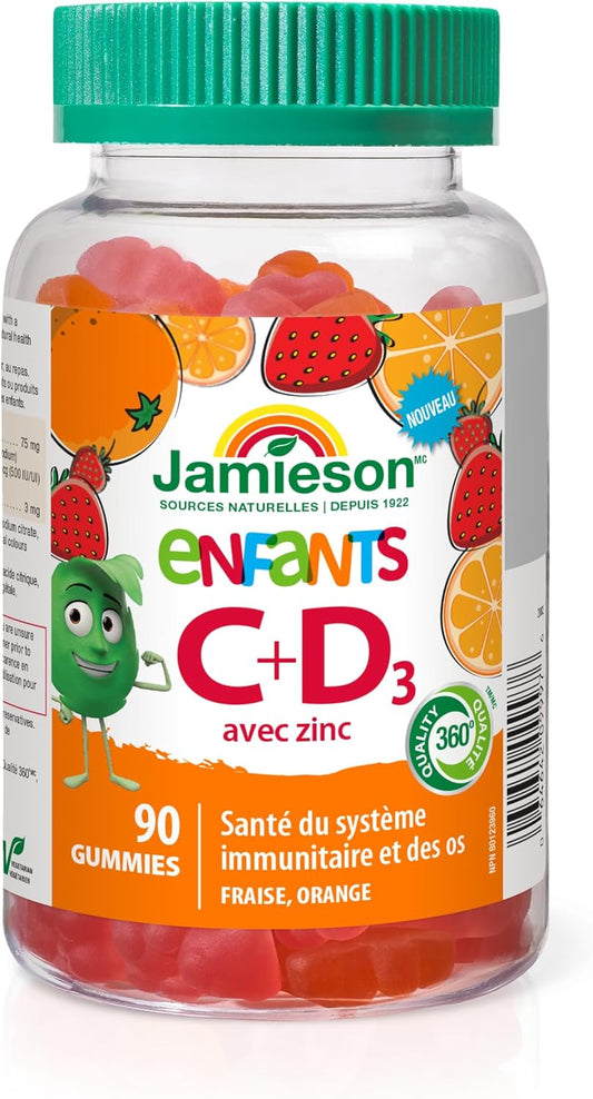 Jamieson 儿童免疫软糖,含维生素C、维生素D3和锌,草莓和橙子口味,有助于增强免疫力,强健牙齿和骨骼,促进伤口愈合。素食,非转基因,不含明胶,不含麸质,不含……