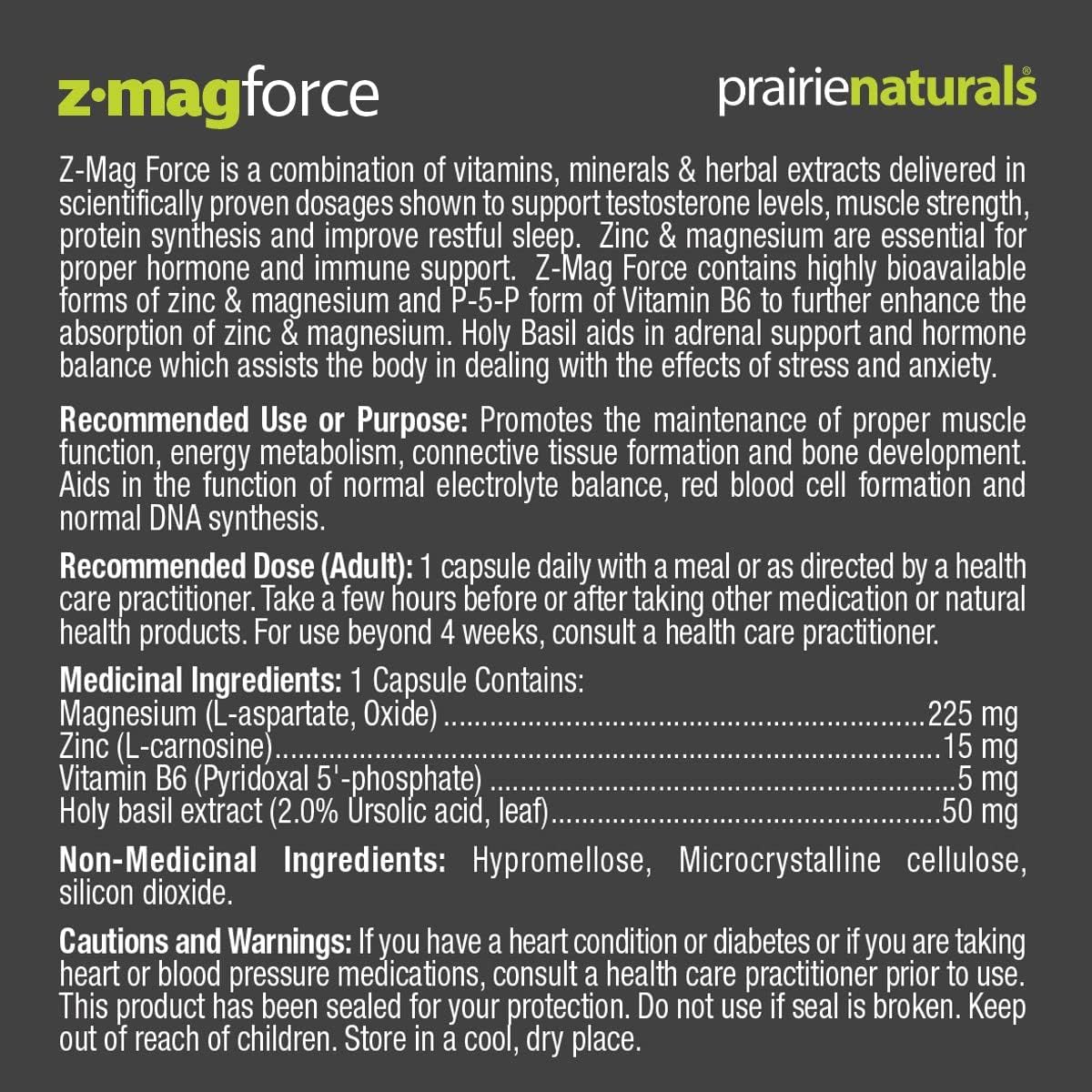 Prairie Naturals Z Mag Force 強健骨骼/牙齒,促進組織形成,維持肌肉功能。平衡電解質,維持正常的酸鹼代謝,形成紅血球。聖羅勒。鋅。鎂。維生素B6 P5P。改善睪酮…
