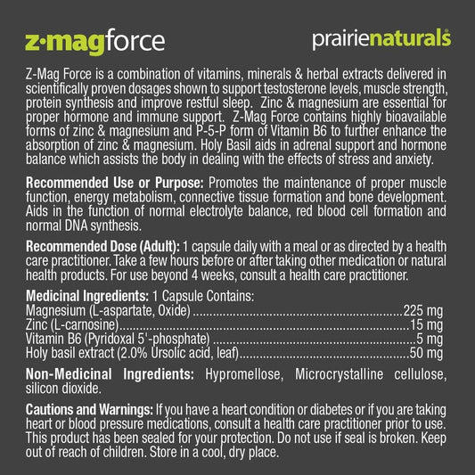 Prairie Naturals Z Mag Force 強健骨骼/牙齒,促進組織形成,維持肌肉功能。平衡電解質,維持正常的酸鹼代謝,形成紅血球。聖羅勒。鋅。鎂。維生素B6 P5P。改善睪酮…