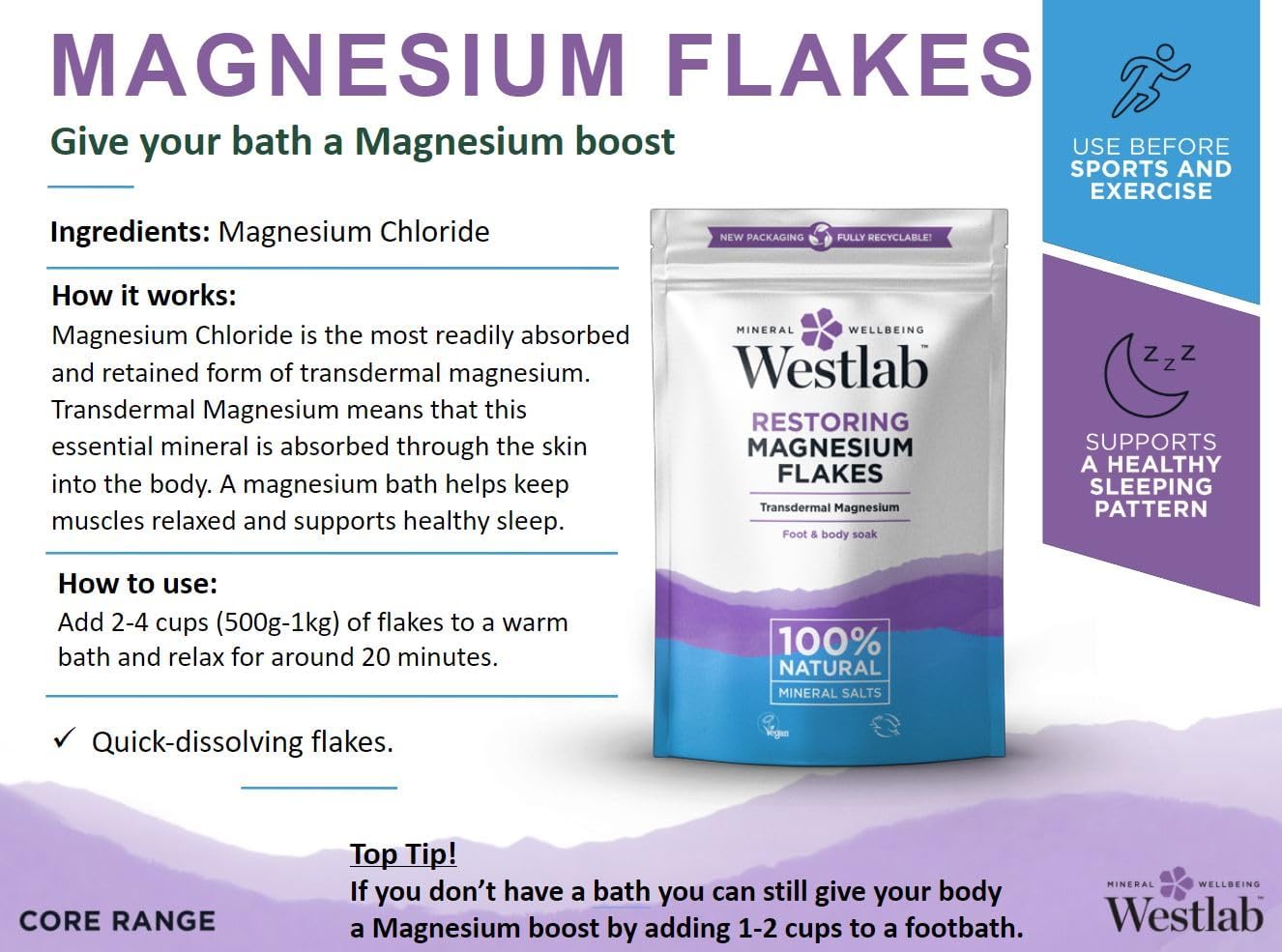 Westlab Magnesium Flakes 1kg - Supports mind & body health - 100% pure natural salts