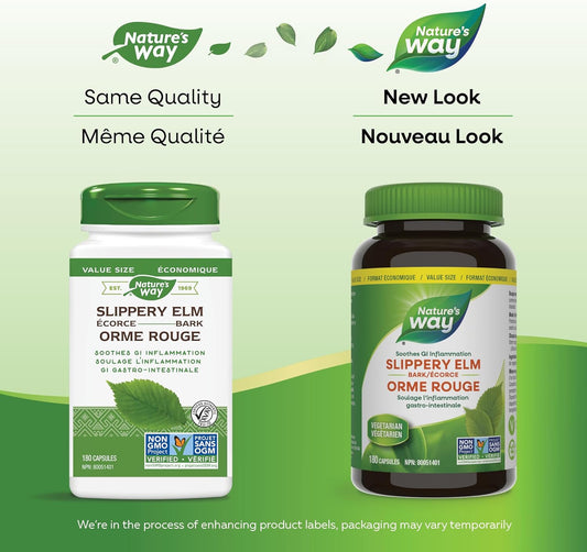 Nature's Way Slippery Elm Bark – Herbal Supplement to Soothe Inflammation of the Gastrointestinal (GI) Tract – Non-GMO, 180 Vegetarian Capsules, Value Size