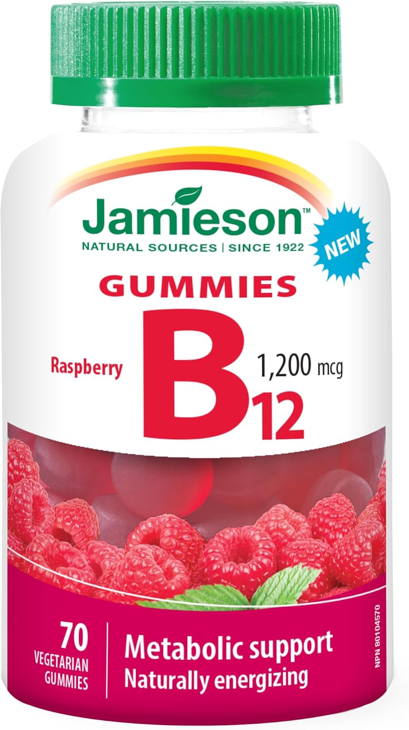 Jamieson 维生素 B12 1200 微克软糖,天然覆盆子口味,天然补充能量,促进新陈代谢。素食,非转基因,无麸质,不含人工香料、色素或防腐剂,70 粒装,加拿大制造