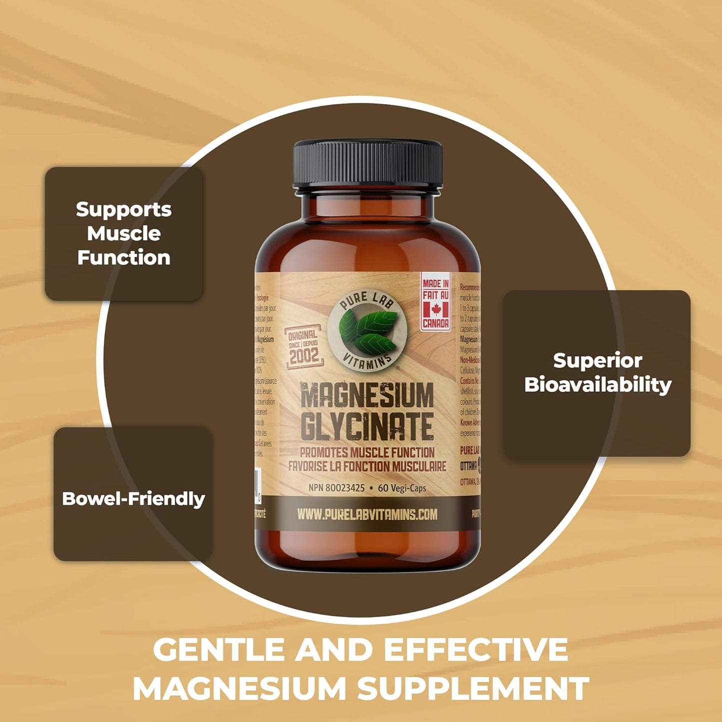 Pure Lab Vitamins 甘胺酸鎂 165 毫克 – 60 粒膠囊 - 支持肌肉功能