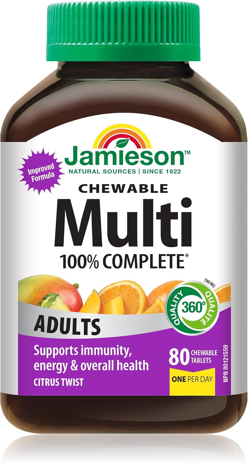 Jamieson 100% 成人复合维生素咀嚼片,柑橘风味,富含叶黄素、钙和生物素。支持免疫力、能量和整体健康,不含人工色素、香精或防腐剂,每日一片……