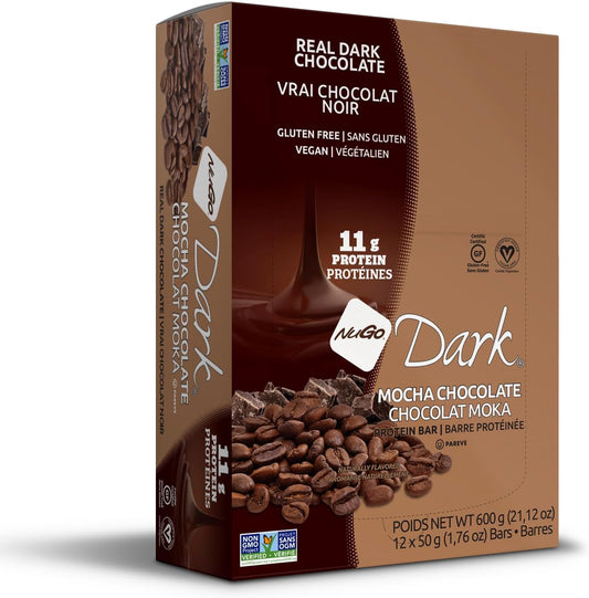 NuGo Dark Mocha Chocolate Protein Bar, 11g Vegan Protein, 200 Calories, Gluten Free, 12 Count