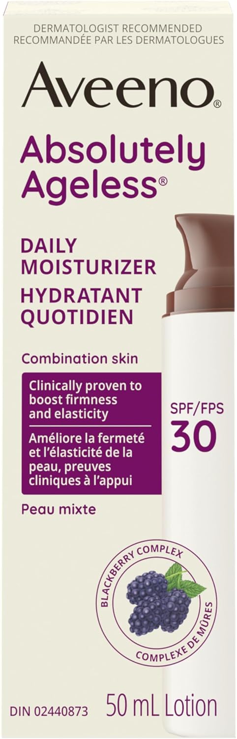 Aveeno Absolutely Ageless 每日保湿霜 SPF 30,抗衰老,面部,皱纹霜,抗氧化黑莓复合物;维生素 C 和 E,瓶装,1 包,50 毫升