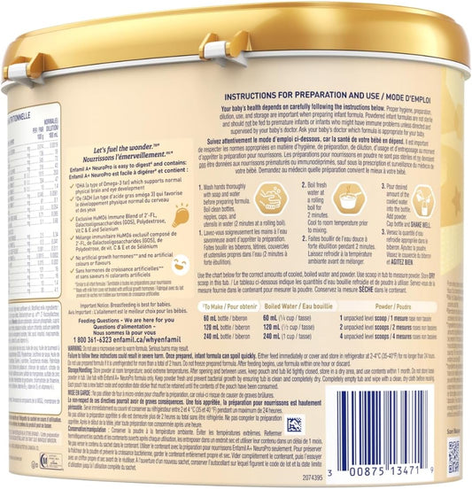 Enfamil A+ NeuroPro 嬰兒配方奶粉,粉盒裝,含促進大腦發育的 DHA 和 2'FL,用於免疫支持,0-12 個月,587 克