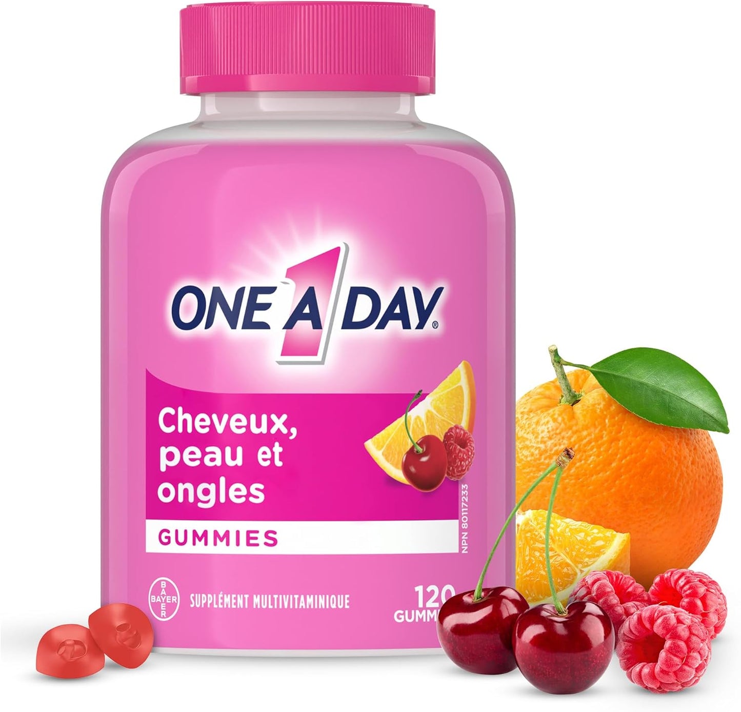 One A Day Multi+ 头发、皮肤和指甲复合维生素软糖 - 每日补充维生素,支持健康的头发、皮肤和指甲,含生物素、维生素 A、C、E 和锌,男女适用,120 粒软糖