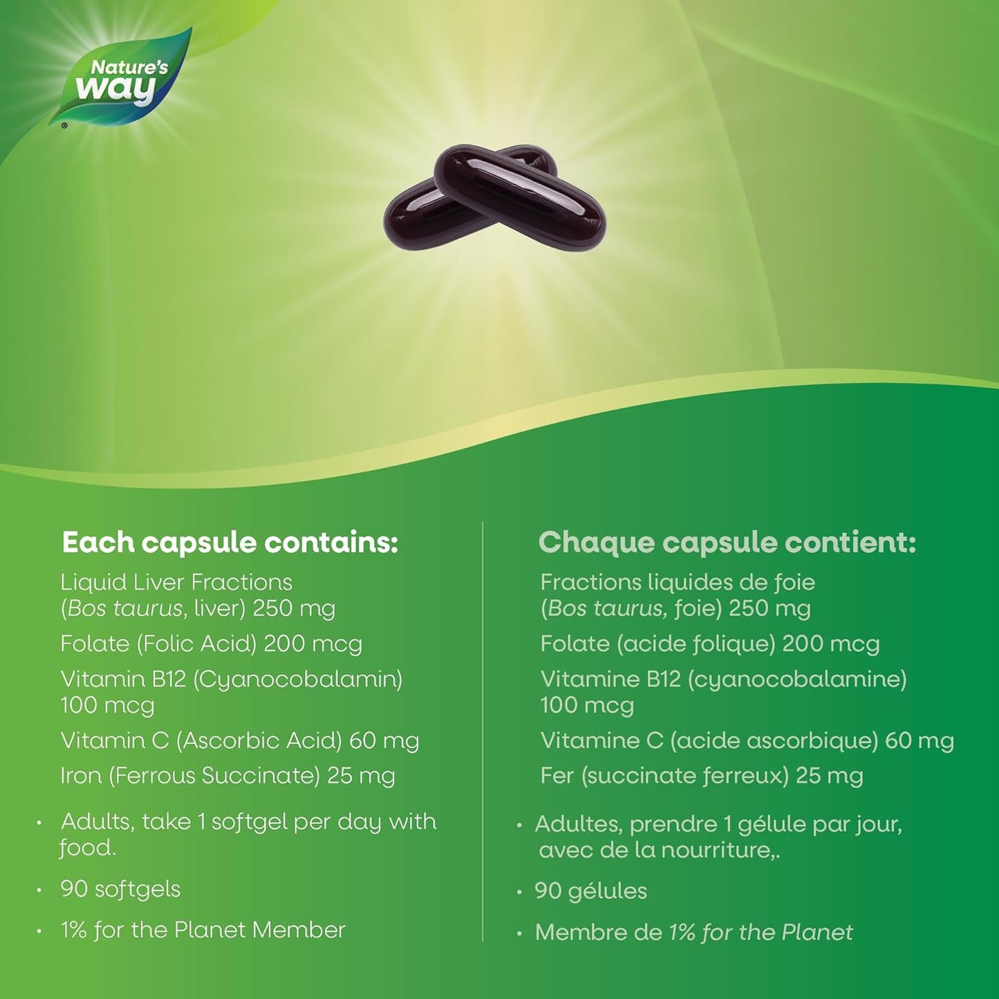 Nature's Way 終極鐵劑 - 鐵補充劑,促進紅血球生成和預防貧血 - 含葉酸、維生素 B12 和維生素 C - 90 粒軟膠囊