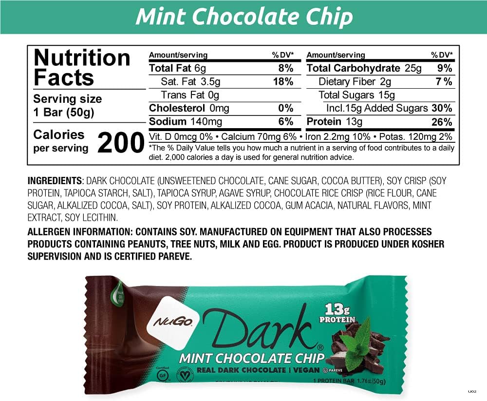 NuGo Dark Mint Chocolate Chip, 13g Vegan Protein, 200 Calories, Gluten Free, 12 Count