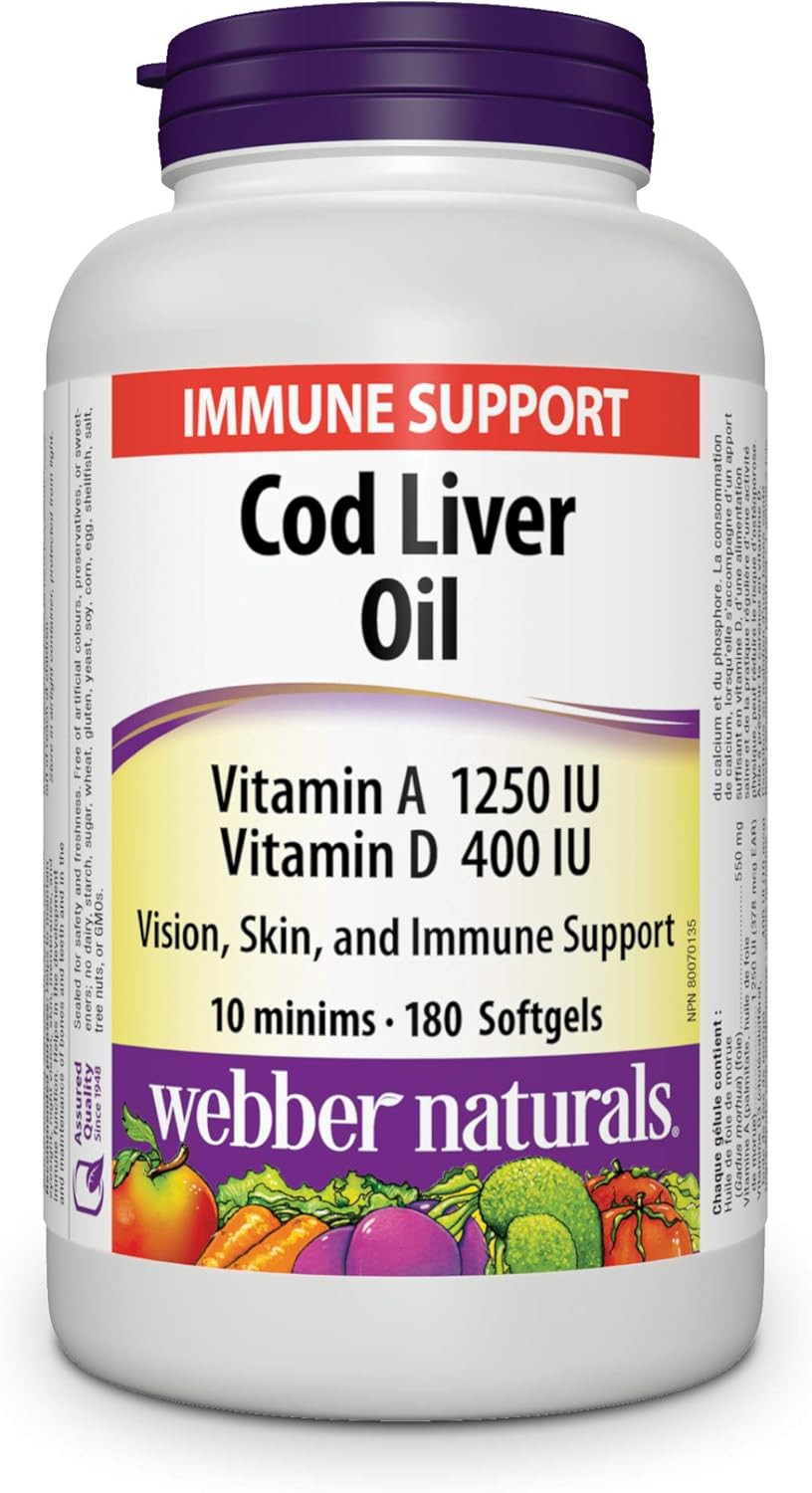 Webber Naturals 鱈魚肝油,含維生素 A 和 D3,180 粒軟膠囊,可支持視力、皮膚和免疫功能,含 Omega-3 魚油 1,000 毫克,210 粒軟膠囊,支持心血管健康和大腦功能