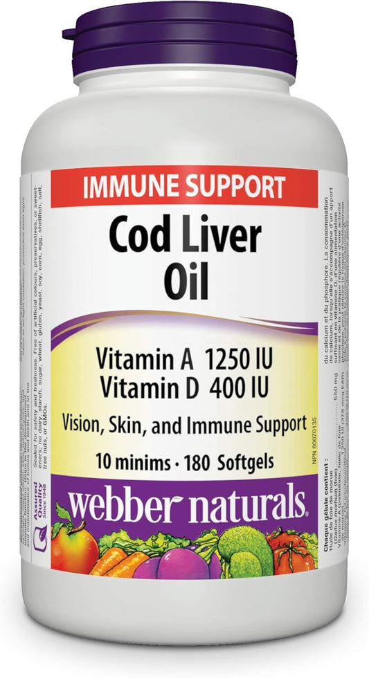 Webber Naturals 鱈魚肝油(含維生素 A 和 D3),180 粒軟膠囊,有助於視力、皮膚和免疫功能;維生素 K2(含 D3),60 粒軟膠囊,有助於支持骨骼、牙齒和免疫功能,不含麩質