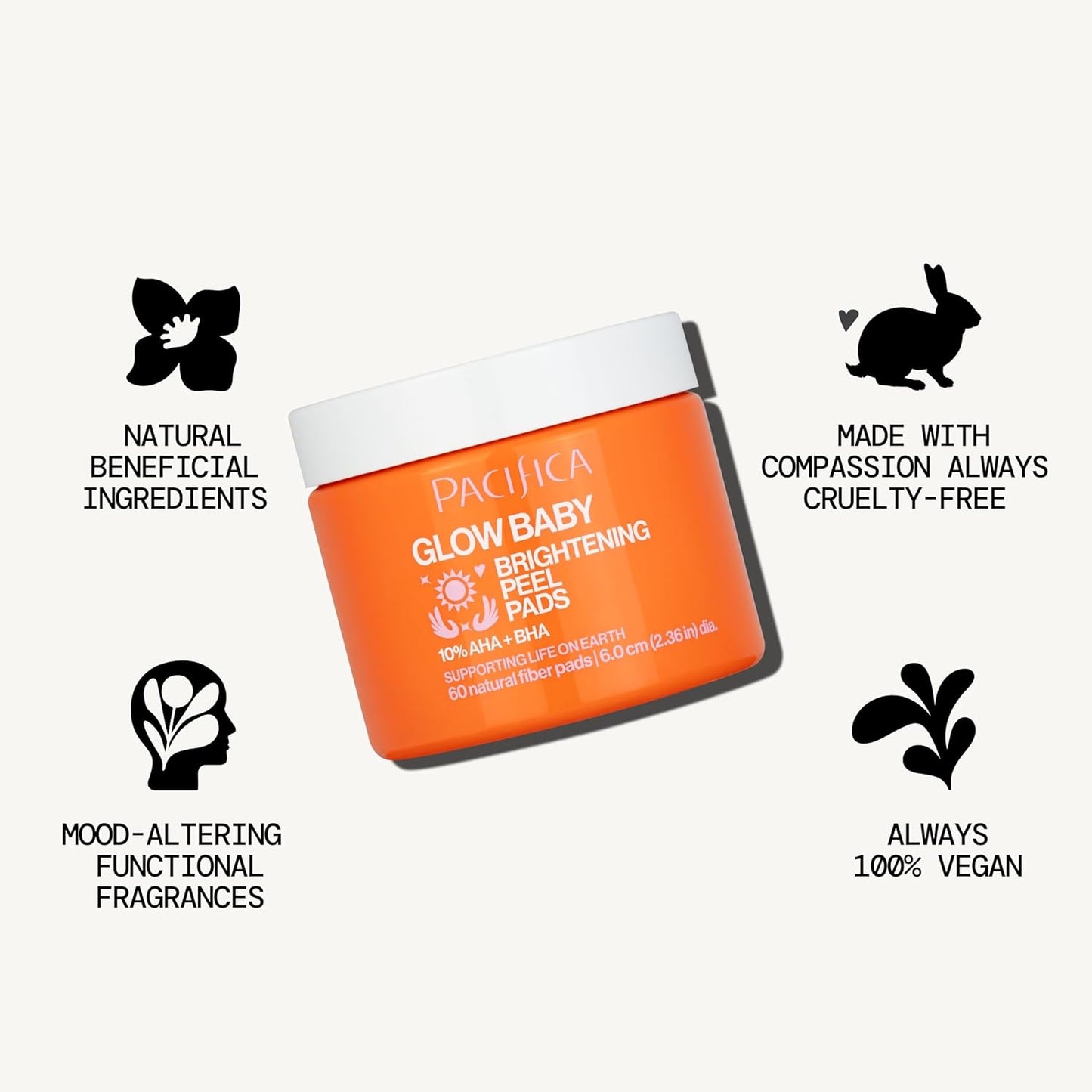 Pacifica Beauty Glow Baby Brightening Peel Pads 10% AHA + BHA, Skincare, Exfoliating, Skin Texture, Minimize Pores, For All Skin Types, Fragrance Free, Clean Skin Care, Vegan - 60 Pads (1 Count)