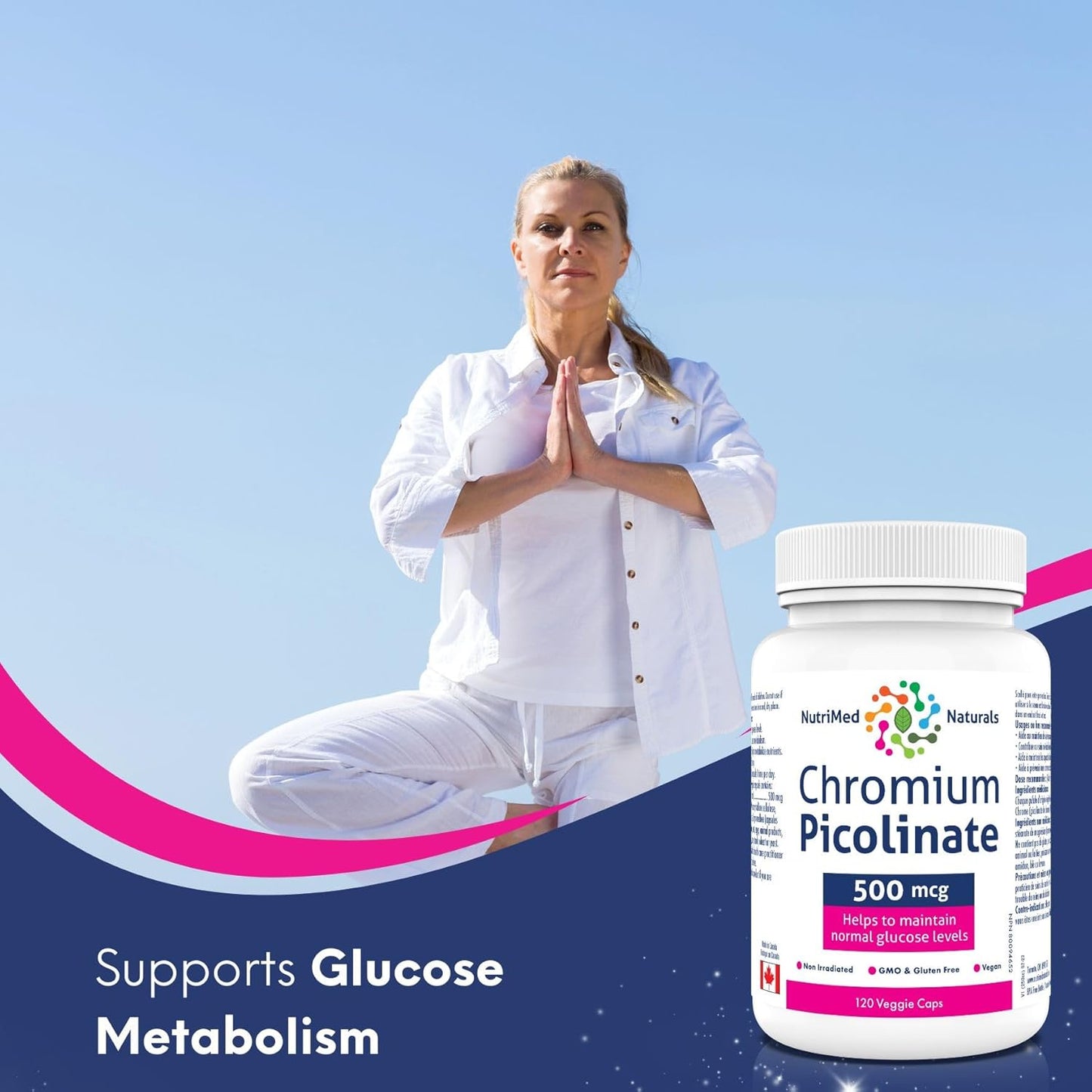 Nutrimed Naturals - Chromium Picolinate 500mcg, 120 Capsules 120-Day Supply - Glucose and Blood Sugar Support - Muscle Mass and Metabolism Support - 3rd Party Tested - Formulated & Made in Canada