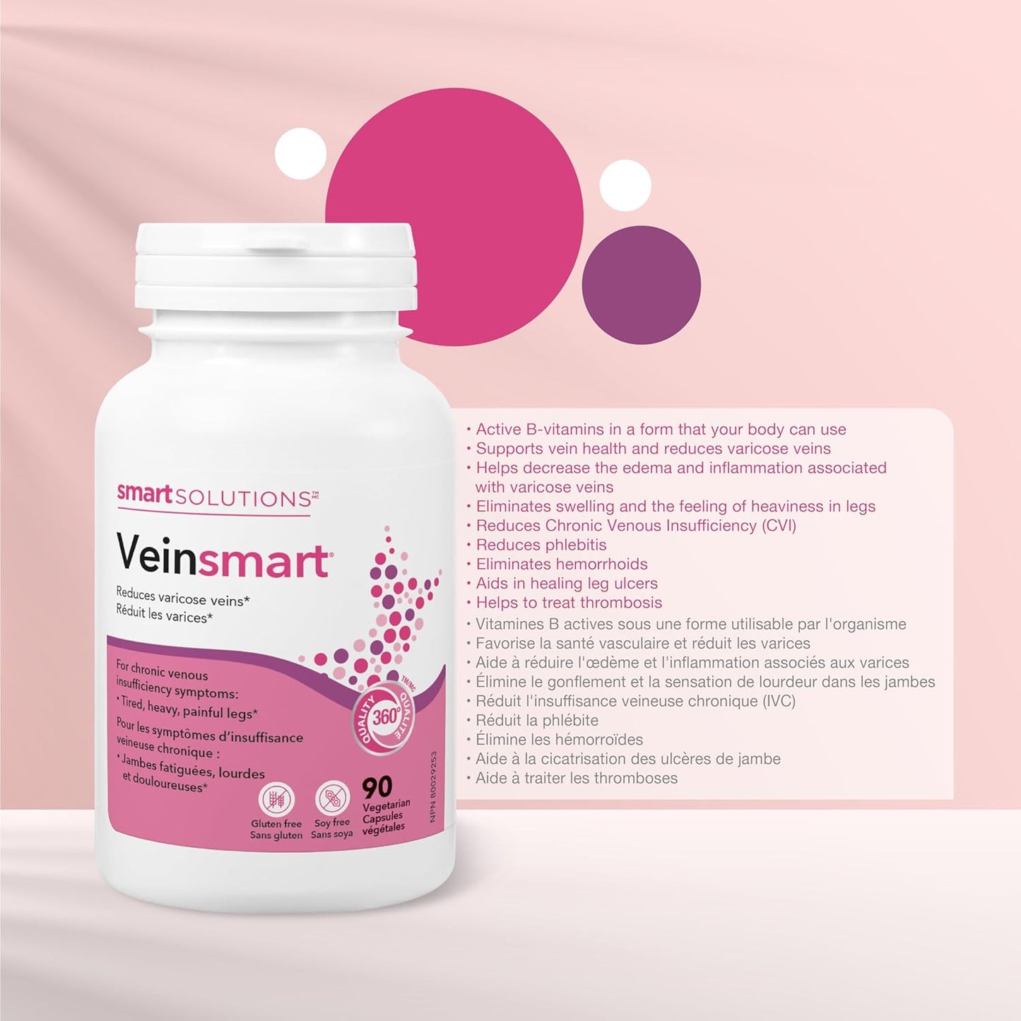 Smart Solutions Veinsmart Vegetarian Capsules, Supports Vein Health and Reduces Varicose Veins, Helps with Swelling and the Feeling Heaviness in the Legs. With 300 mg Diosmin, Gluten-Free, Soy-Free, 90 Count