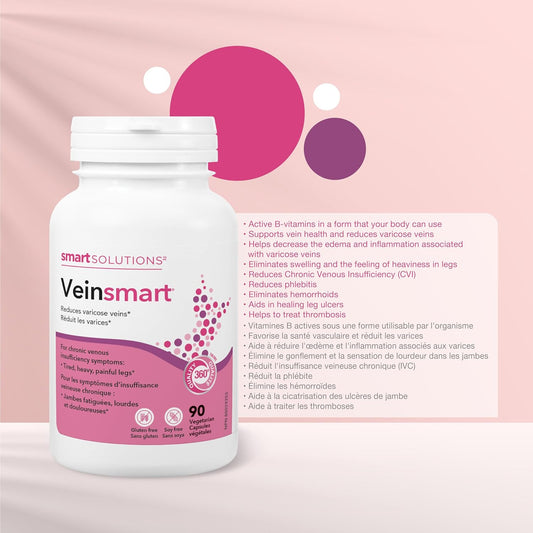 Smart Solutions Veinsmart 素食膠囊,支持靜脈健康,緩解靜脈曲張,緩解腿部腫脹和沈重感。含 300 毫克地奧司明,不含麩質和大豆,90 粒裝