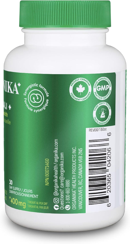 Organika Canadian-Made Tongkat Ali 400mg Serving- with Maca, Tribulus and Black Pepper - Supports Virility for Men's Health - Potent Multi-Ingredient Blend - 60vcaps