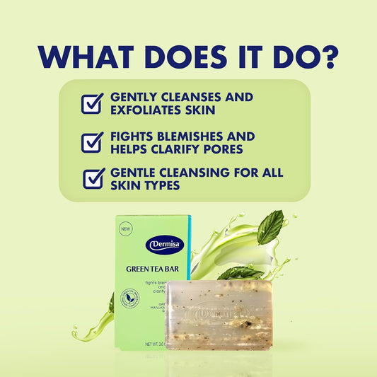 Dermisa Green Tea Bar - Gentle Skin Cleansing and Exfoliation - Contains Antioxidants Green Tea, Manuka Honey, Ginseng - 85 g