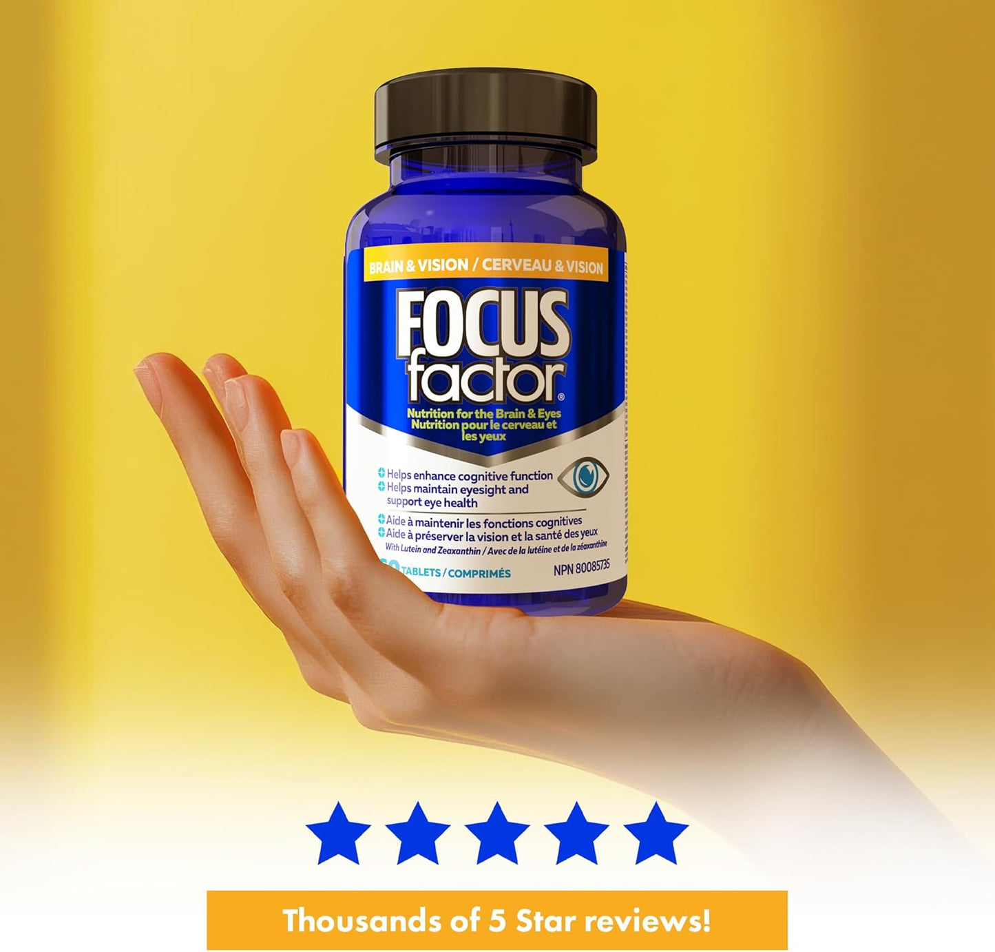 Focus Factor 大腦和視力,60 粒 - 多種維生素補充劑,含維生素 B6、B12、D3、葉黃素、玉米黃質和假馬齒莧,有助於增強成人的認知功能並支持眼睛健康