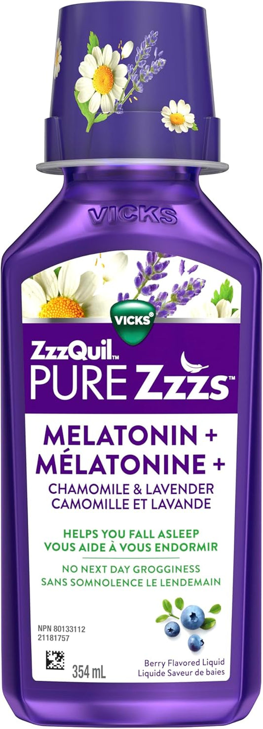 Vicks ZzzQuil Pure Zzzs 褪黑素液體,助眠劑,液體褪黑素 2 毫克,含洋甘菊和薰衣草,快速入睡,成人褪黑素助眠劑,漿果味,354 毫升