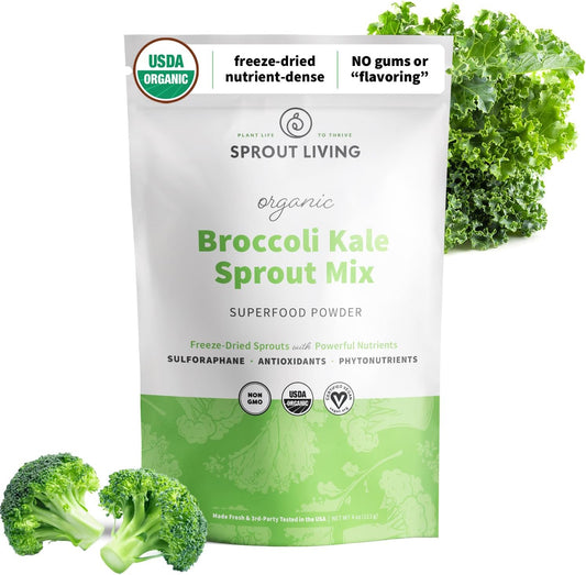 Sprout Living 西兰花和羽衣甘蓝有机芽菜混合物,冷冻干燥超级食品绿色粉,100% 纯素,纯素,非转基因,无麸质(4 盎司,32 份)