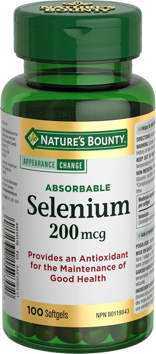NATURE'S BOUNTY Selenium, Absorbable, 200 mcg, Provides Antioxidant For The Maintenance Of Good Health, Helps Maintain Normal Function Of Thyroid, Softgels, 62.3 g