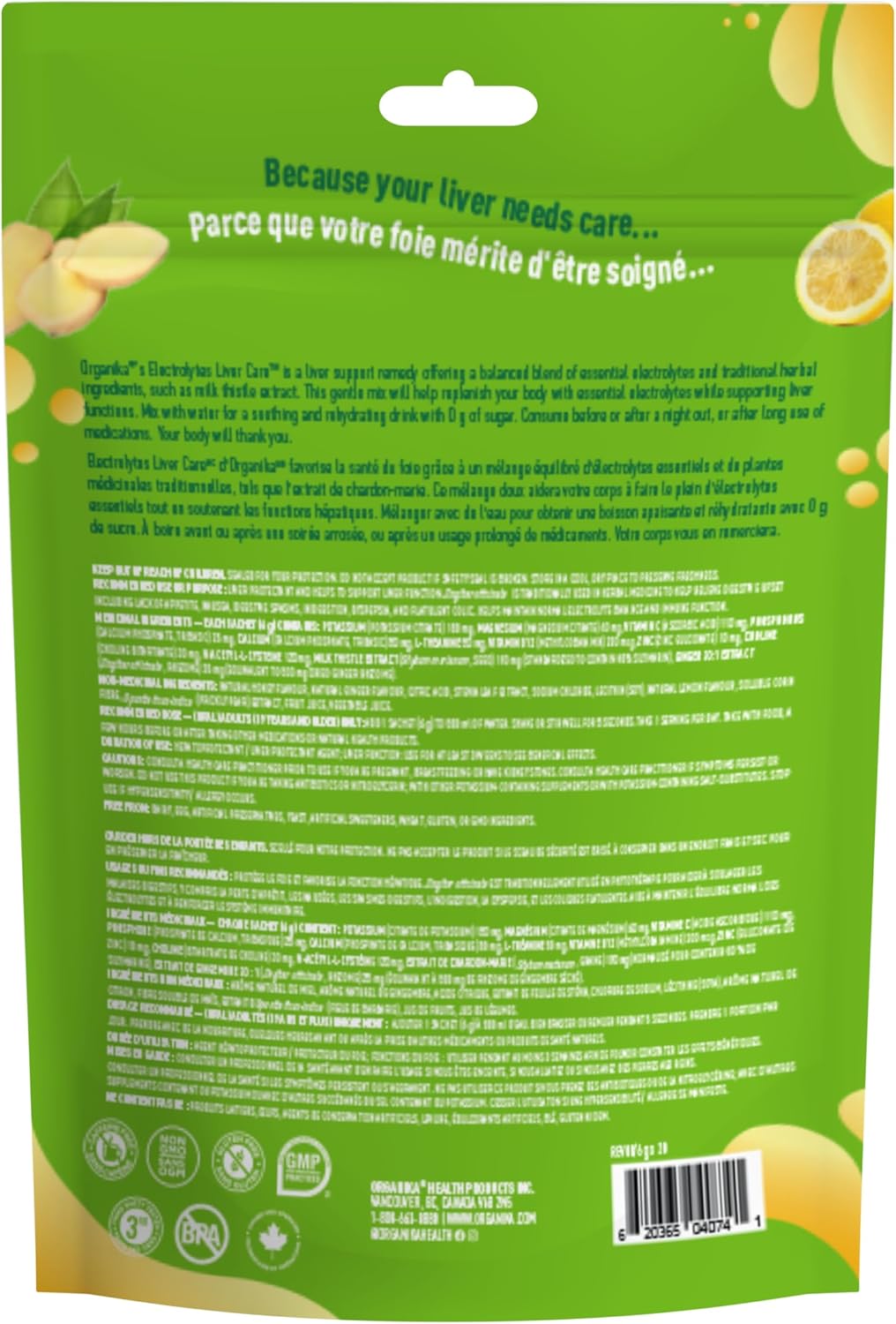 Organika 加拿大製造電解質護肝片,含奶薊草、膽鹼和 NAC - 檸檬蜂蜜薑味 - 肝臟支持 + 保護、電解質平衡、免疫支持、無糖 6g x 20 片