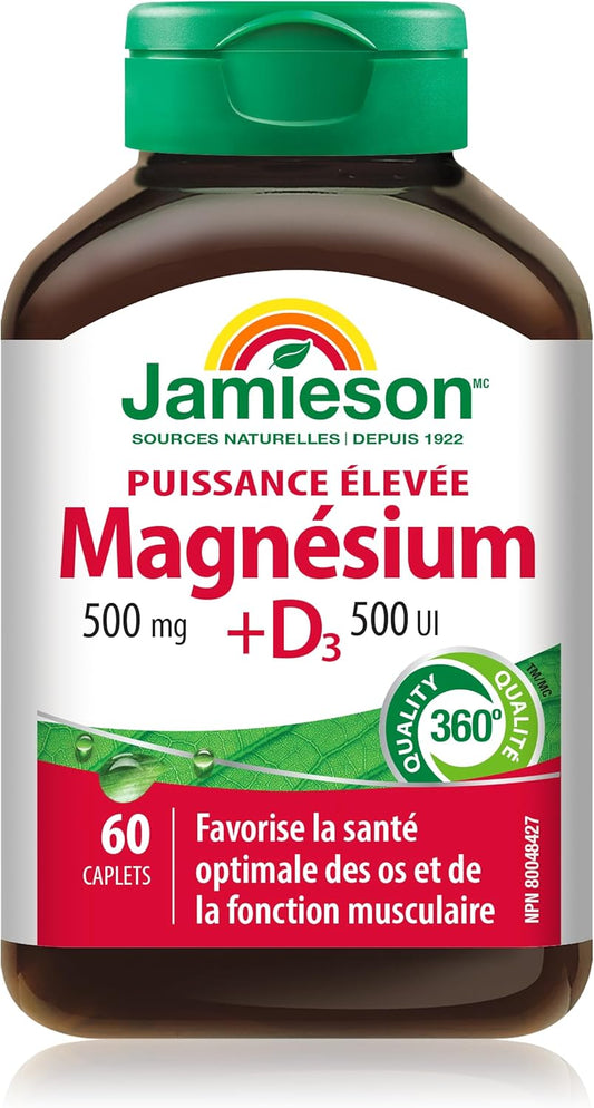 Jamieson 强效镁片 500 毫克,含 500 国际单位维生素 D3,高吸收率,5 种镁源,支持骨骼健康和肌肉功能。素食,非转基因,无麸质,60 粒胶囊,加拿大制造