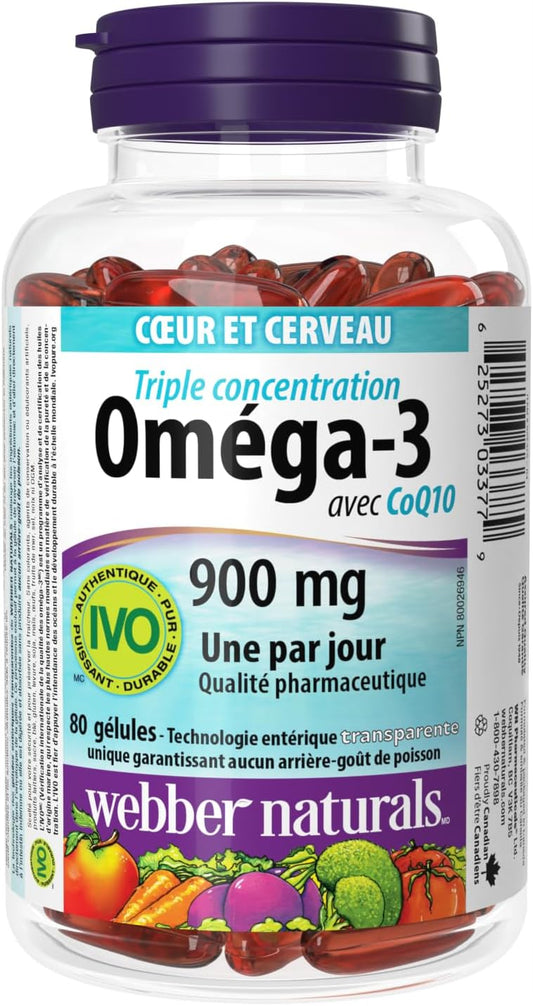 Webber Naturals Omega-3 辅酶 Q10,80 粒透明肠溶软胶囊,无鱼腥味,支持心血管健康和大脑功能