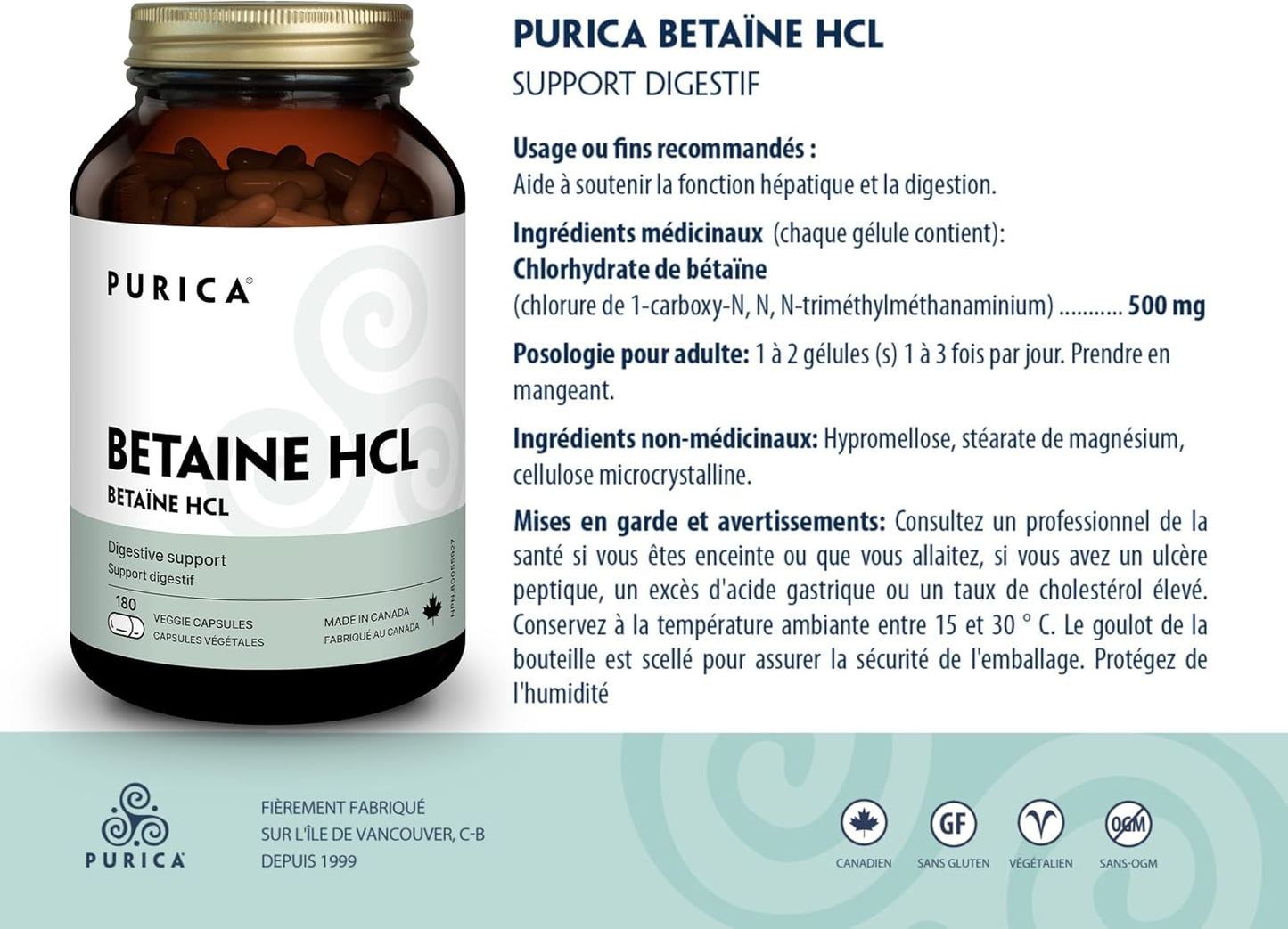 PURICA - Betaine Hydrochloride HCL, 180 Vegan Capsules 180-Day Supply - Digestive Support and Overall Internal Health - Helps to Support Liver Function and Digestion - Non-GMO and Gluten-Free