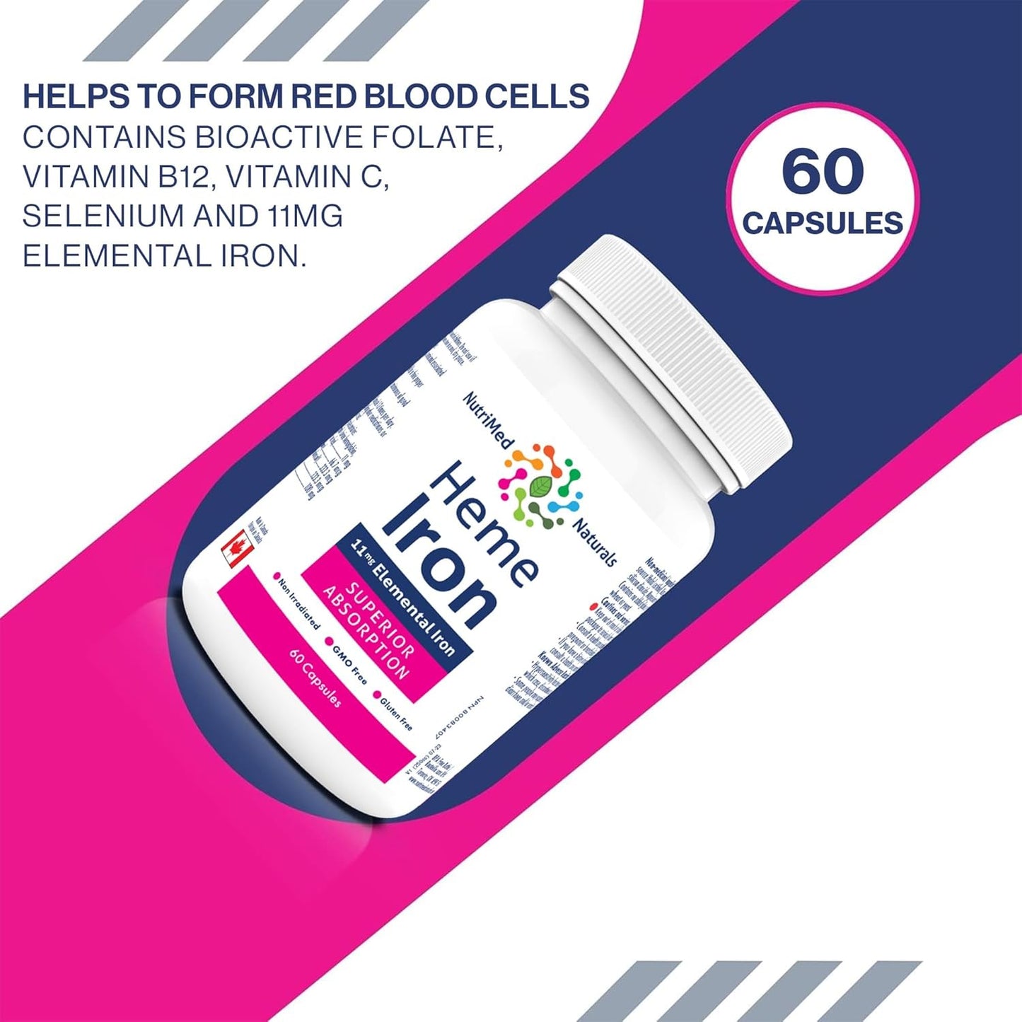 Nutrimed Naturals - 血紅素鐵補充劑 60 粒膠囊,60 天用量 - 11 毫克元素鐵 + 硒、生物活性葉酸、維生素 B12、維生素 C - 經第三方測試 - 加拿大配製和製造