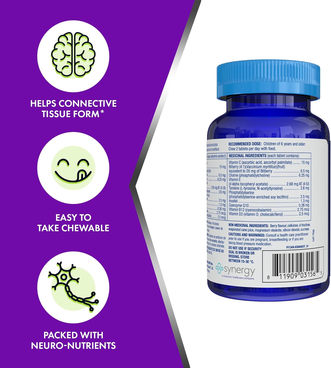 Factor 兒童每日咀嚼複合維生素(60 顆),含維生素 B12、C、D3 和 L-酪胺酸