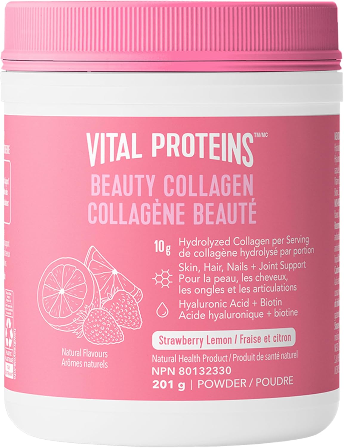 VITAL PROTEINS 美容胶原蛋白肽草莓柠檬粉,含有透明质酸、生物素和维生素 C,可滋养头发、皮肤和指甲,帮助形成胶原蛋白,减轻骨关节炎引起的关节疼痛,201 克